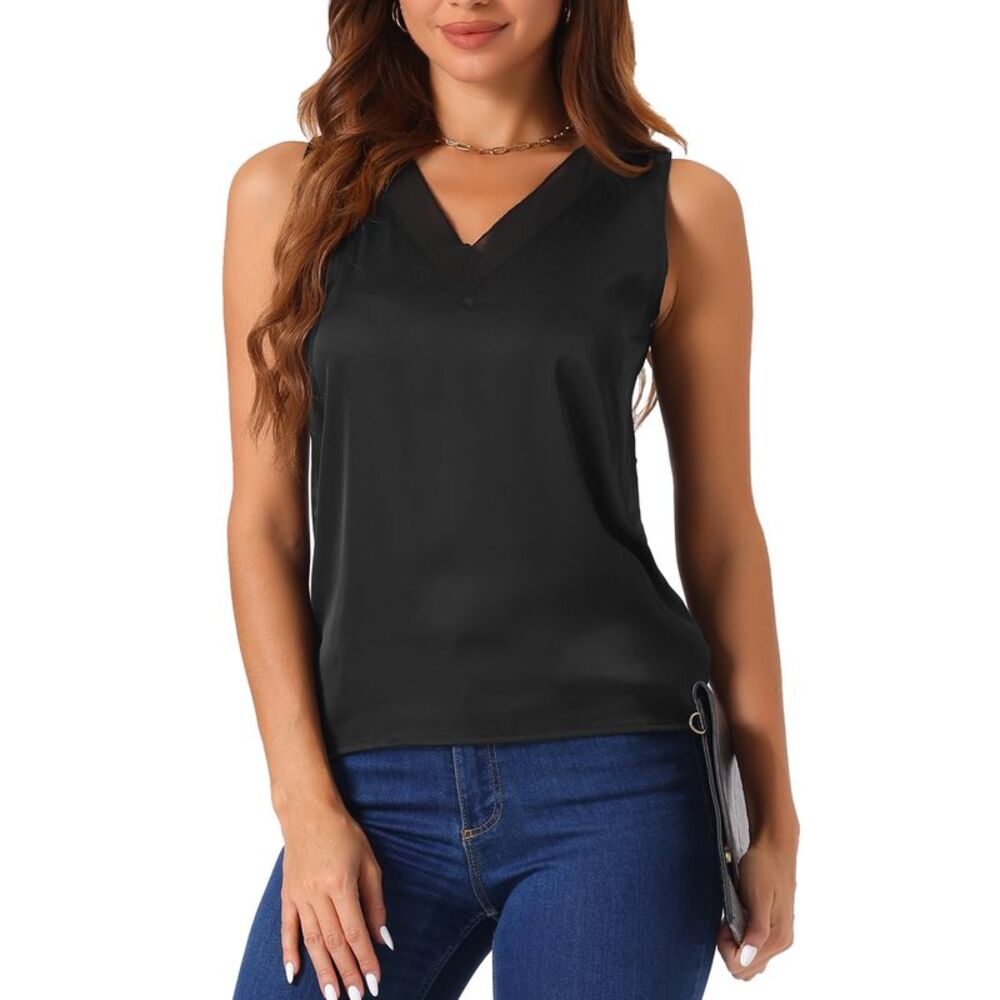 Silky Satin Tank Tops Mesh V Neck Casual Summer Basic Tank Shirt Black